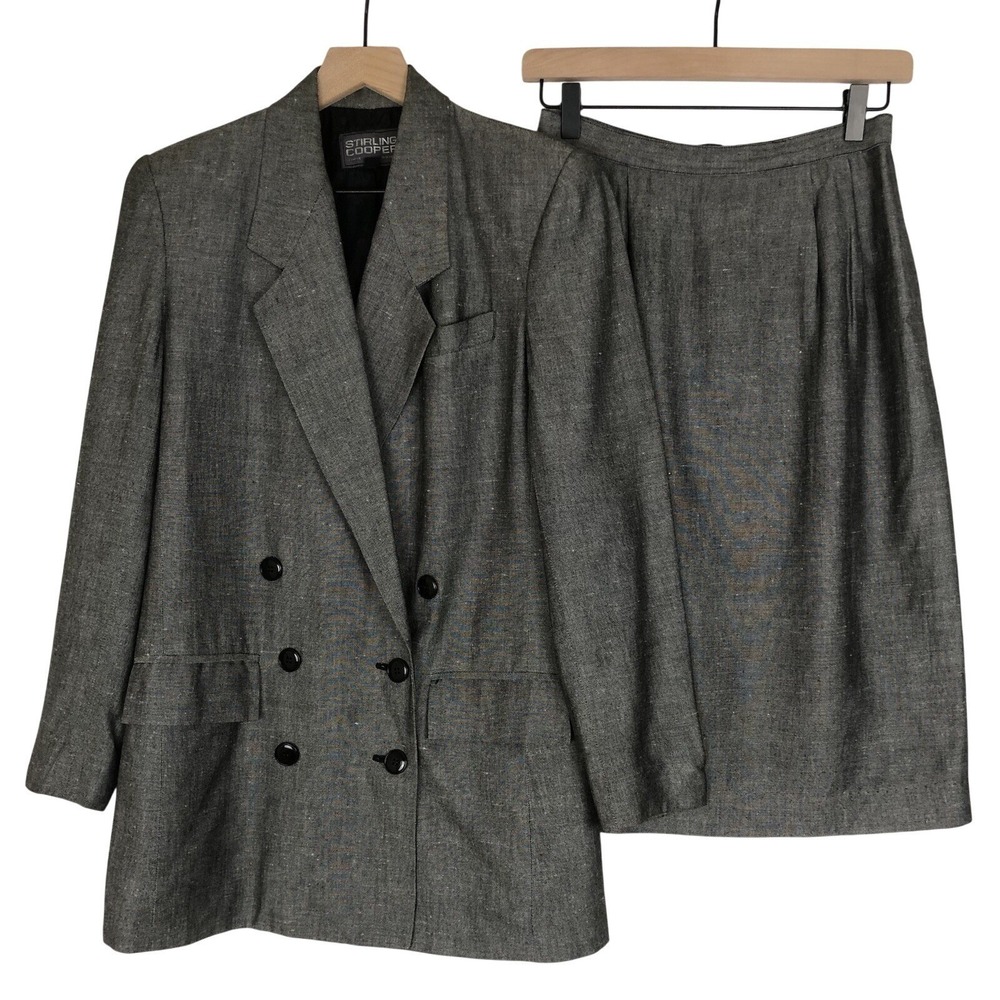 VTG‎ 80s STIRLING COOPER Linen Blend Suit Set Sz 6 / 7 Gray Jacket Skirt Pockets